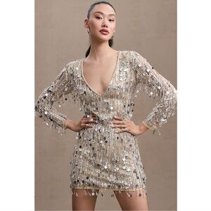 Mac Duggal 93850 Long Sleeve Beaded Fringe Plunge Neck Cocktail Dress Anthro